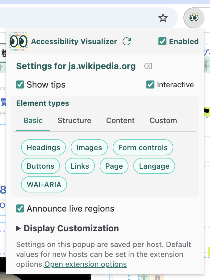 Screenshot of Accessibility Visualizer popup opened