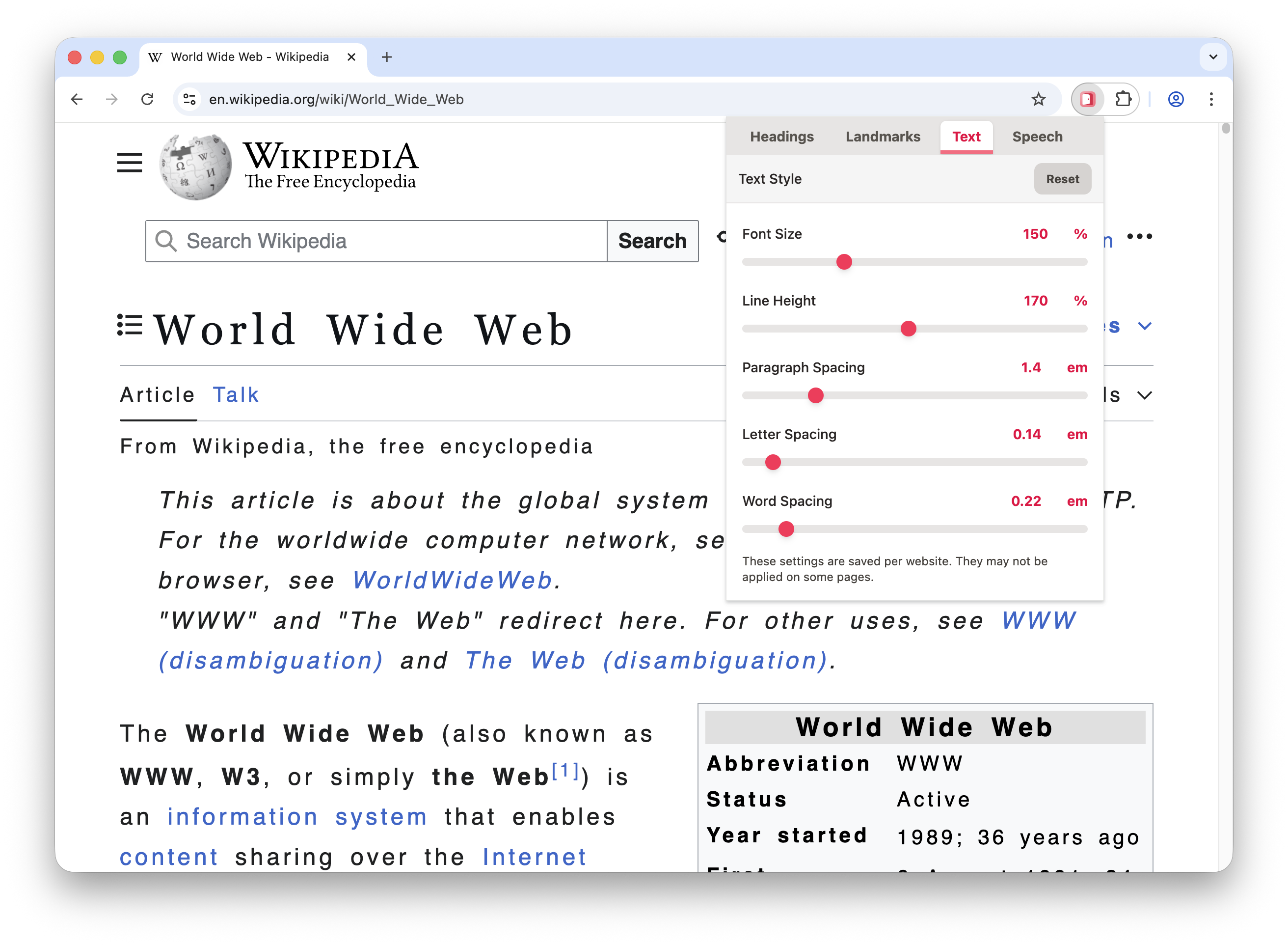 Chromeで英語版Wikipediaの「World Wide Web」ページを開き、ひらくウェブのポップアップで文字の表示をカスタマイズしているスクリーンショット